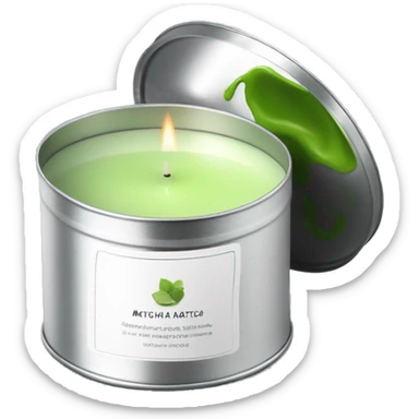 small pretty matcha scented candle in silver tin with label realistic sticker