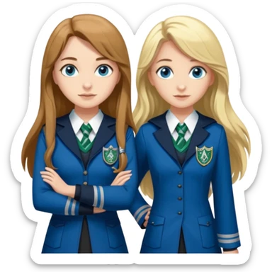 a pretty ravenclaw girl with long brown hair and blue eyes standing with a hot Slytherin girl with long blonde hair, blue eyes and big boobs  sticker