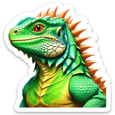 Cinematic Noble Iguana Portrait Emoji, Poised and majestic, with a robust, muscular build and a vibrant, scaly body accented by a prominent spiky crest and keen, observant eyes, Simplified yet sharp and sophisticated features, highly detailed, glowing with a soft, jungle radiance, high shine, intelligent and formidable, stylized with an air of ancient reptilian authority, focused and commanding, soft glowing outline, capturing the essence of a watchful guardian that appears ready to stride out of the screen with effortless might! sticker