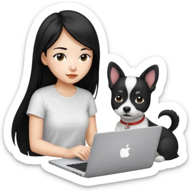 Blue back ground, Asian girl with long black hair , wearing a white t-shirt, working on an Apple laptop, next to her is a small black and white dog sticker