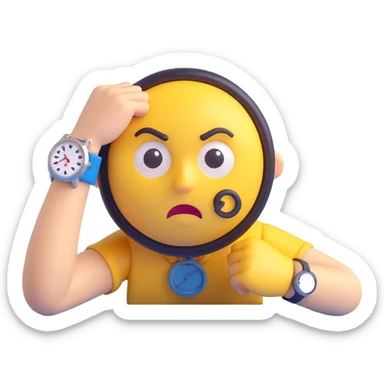A yellow emoji face with a worried expression, looking at a wristwatch with raised eyebrows, showing urgency and stress sticker