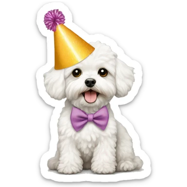 White Maltipoo wearing birthday hat sticker