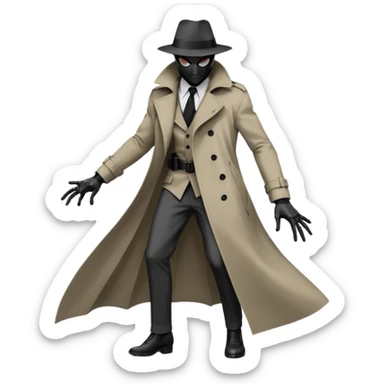 Die-cut sticker of Spider-Noir, monochrome black and grey palette, trench coat fluttering, 1940s detective aesthetic. Sharp edges, heavy shadows, white border, isolated on white background, high detail. sticker
