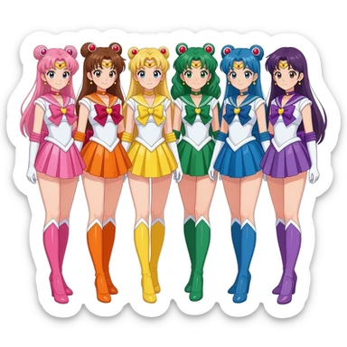 Pink tokusatsu heroine magical girl, Orange tokusatsu heroine magical girl, yellow tokusatsu heroine magical girl, green tokusatsu heroine magical girl, blue tokusatsu heroine magical girl, and purple tokusatsu heroine magical girl, sticker