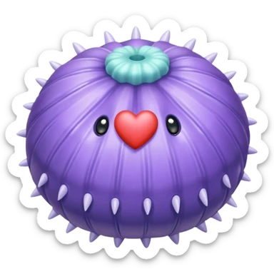 realistic yet cute sea urchin, shiny plastic look, tiny body, natural features, soft pastel colors with bright accents, small heart accessory, detailed shading, no cartoon eyes sticker