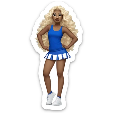 Dancer with royal Blue miniskirt and royal blue long tank top with blond wavy long hair. Holding silver pom poms.  sticker