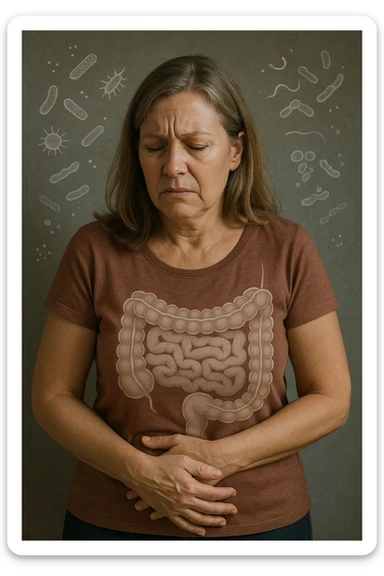 donna in menopausa con la disbiosi intestinale immagine realistica sticker