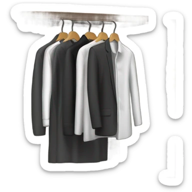Design an emoji-style icon of an open wardrobe with clothes hanging inside. Include details like a wooden frame, hangers, and black clothing items such as shirts or any other clothing . Use a clean and minimalistic design. sticker