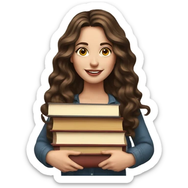 white woman brunette long wavy hair highlights woman while holding large stack of books sticker