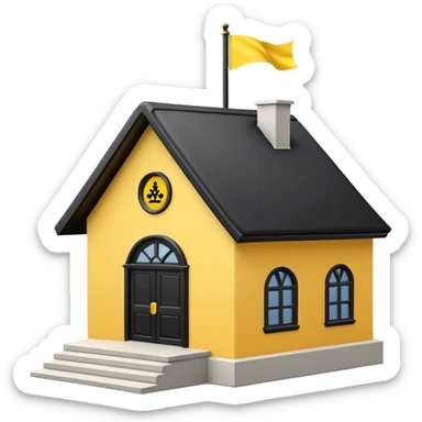 simple school, white background, magic school, black roof, with a big flag, big flag on a roof, big yellow flag, white school sticker