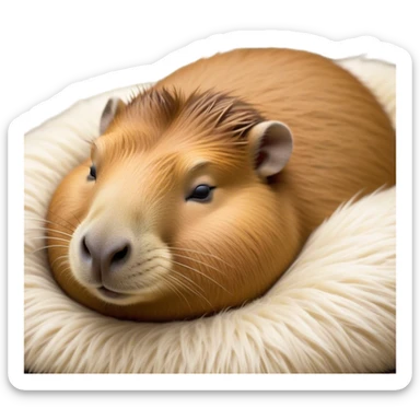 Meme-Worthy Cute Sleeping Capybara Portrait Emoji, Head resting peacefully with a contented smile, showcasing luxuriously soft, fluffy fur and a characteristic capybara head with a broad snout and small, gentle ears, with eyes gently closed in serene slumber, Simplified yet hilariously adorable features, highly detailed, glowing with a soft, drowsy natural light, high shine, relaxed and utterly lovable, stylized with an air of playful laziness, bright and heartwarming, soft glowing outline, capturing the essence of a sleeping capybara that feels destined to become the next viral sensation of adorable rest! sticker
