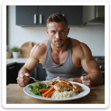 athletic man sitting at table following a healthy balanced diet, plate with healthy foods including chicken, vegetables, rice, motivational atmosphere, hyperrealistic 4K details, modern bright environment sticker