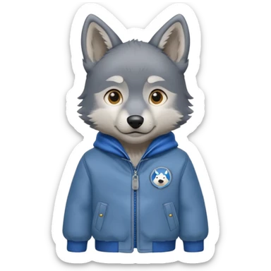 Wolf pup with soft fur and alert ears, jacket, half body, standing sticker