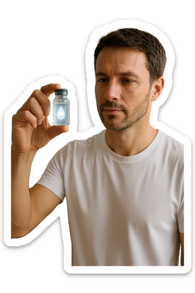 A realistic, high-quality cinematic photo of a health-conscious man in his late 30s holding a small clear glass vial filled with structured, informatized water used in kinesiological treatments. The man is standing in a bright, clean holistic therapy studio with wooden furniture and plants, looking at the vial with a focused, hopeful expression. The vial has a minimalist label with a water droplet symbol, glowing softly to symbolize its informational energy properties. The atmosphere is calm, professional, and filled with natural light, conveying the holistic, gentle yet advanced nature of kinesiological practices sticker