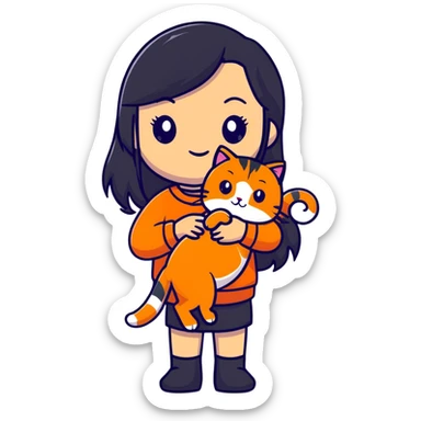 girl with long black hair holding an orange cat sticker