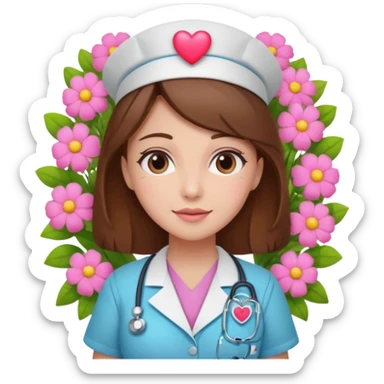 Brown hair Nurse with pink heart and flowers surround her head sticker