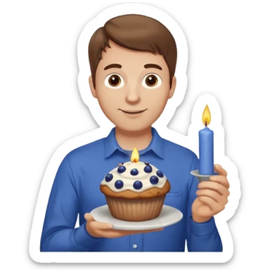 Make a white man with brown hair wearing a shirt that says happy b day Virginia holding a blueberry muffin with a birthday candle in it sticker