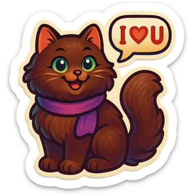 Fluffy happy smiling cute dark-brown cat with green eyes and a purple scarf saying ‘I ♡ U’ (with a speech bubble) sticker
