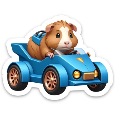 dark crystal blue and rosegold-accented cyber truck style-faceted-body electric racing car driven by a small cute but fearless Guinea pig with rear spoiler, roll bar, and wheely bar sticker