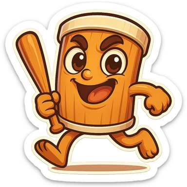 square image of absurd wooden stick-man creature, drum-like cylindrical body, holding baseball bat, cartoon style, bright vivid colors, expressive face, dynamic pose, a bit creepy yet funny,  sticker
