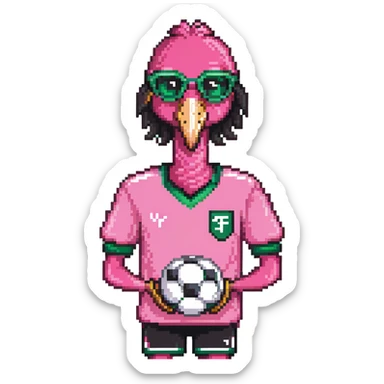 flamingo soccer player wearing sunglasses and a black and green jersey sticker
