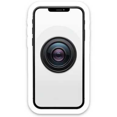 Minimalistic flat vector icon, iOS style, thin black contour on white background. Smartphone with a camera lens symbol. No text, no shadows.
 sticker