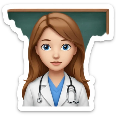 pretty female nursing student with long brown hair, blue eyes inside a classroom at university with blackboard behind her sticker