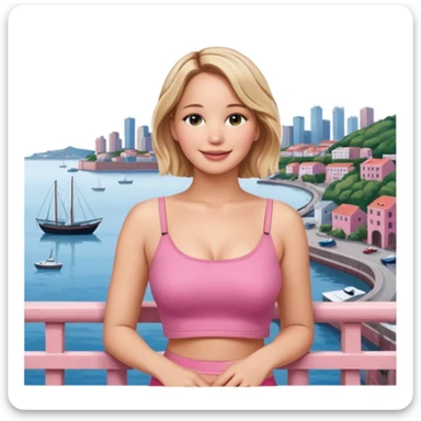 jennifer lawrence, pink crop top leaning on a balcony with a harbor and cityscape in the background, smiling sticker