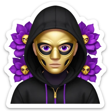 no visible face non human cartoon character related to a shadow, with all black clothes, focusing a black hoodie, and a versace face mask covering his entire face, just his purple shadow eyes making a light bloom sticker