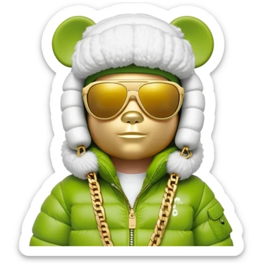 classic bearbrick in lime mask with graffiti tags, wearing sleek one-piece solid sunglasses visor spanning full width of face, oversized puffy jacket with plush fur trim, stacked gold chains, high fashion look sticker