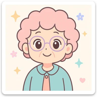 anime style senior woman with glasses, curly hair, warm smile sticker