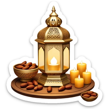 A beautifully warm and inviting Ramadan-inspired setting. A glowing ornate lantern sits on a wooden table, casting intricate patterns of light. Beside it, a decorative bowl filled with dates symbolizes hospitality and tradition.  sticker