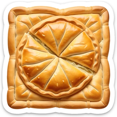 Burek sa Sirom Cinematic Realistic Burek sa Sirom Dish Emoji, depicted as a flat, flaky pastry filled with cheese, rendered with crisp textures and warm, inviting lighting. sticker