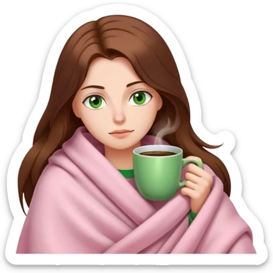 woman with very long brown hair and green eyes in a light pink blanket sleepy with coffee sticker