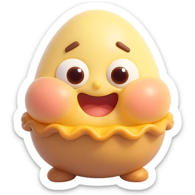 Make the cheeks even chubbier while keeping the cute 3D kawaii egg tart character style with a golden crispy tart shell, jiggly custard face, big watery eyes, expressive cartoon mouth, pastel color palette, comical exaggerated emotion, soft lighting, and glossy textures. Maintain transparent background and no text. sticker