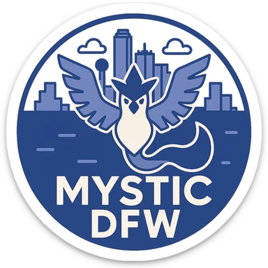 circular logo for Pokémon Go Team Mystic DFW combining Articuno emblem, Dallas-Fort Worth skyline, 'Mystic DFW' text in blue and white sticker