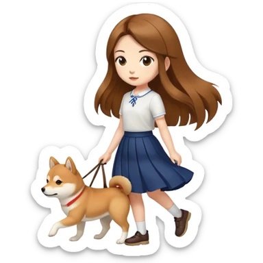 A girl with long brown hair and a skirt walking a Shiba Inu sticker