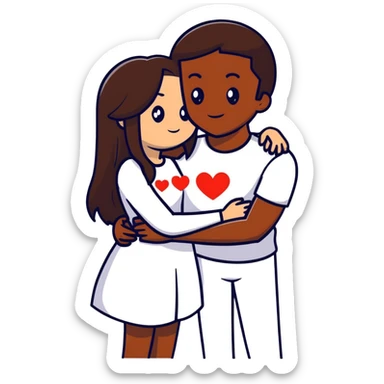 A couple embracing, man with mestizo brown skin and slightly long straight dark brown hair, woman with fair skin and long dark brown hair, with white hearts around them sticker