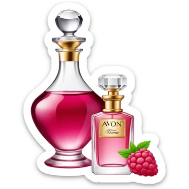 AVON women's perfume bottle next to raspberry bottle sticker
