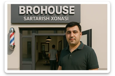 eni shu rasimga manashu odamga uxhshasin sartaosh eshik oldida tursin va tashqarida esa mijoz rasm esa 16 ga 9 bulsin 1920x1080 sticker