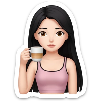 Bi tane ela gözlü koyu yeşil gözlü yani siyah uzun düz saçlı beyaz tenli bir kız üstünde toz pembe soft bir coquette crop var ve kahve içiyor sticker