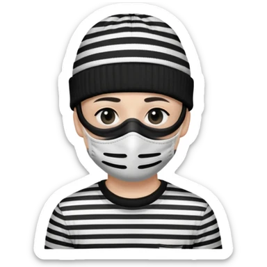 character with black and white striped shirt, black beanie, black mask over eyes sticker