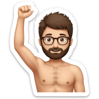 iOS emoji-style cartoon, light stubble, glasses, wide eyes, neutral skin tone, shirtless , very hairy chest , one arm up very hairy armpit. Lots of body hair  sticker