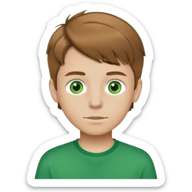 boy with light brown hair and green eyes with green shirt sticker