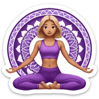A woman in purple activewear lifting her hips in bridge pose, glowing light, gentle mandala pattern behind. sticker