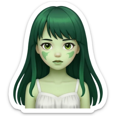 uma garota zumbi da pele verde com cabelo preto longo com franja e a roupa branca sticker