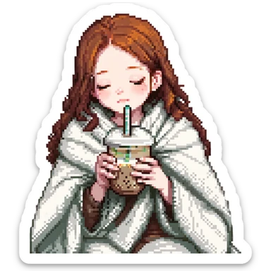 dark ginger haired girl with pale skin, wrapped in a blanket, sipping boba, eyes closed sticker