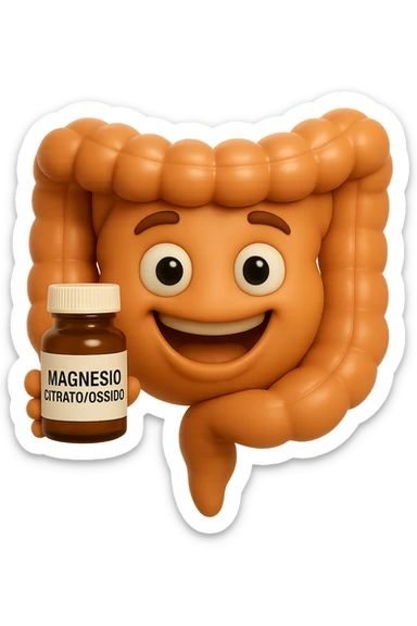 emoji stile iphone 3d di intestino umano felice che tiene in mano una boccetta di magnesio con la scritta "MAGNESIO CITRATO/OSSIDO" SULL'ETICHETTA , iperrealistico 4k sticker