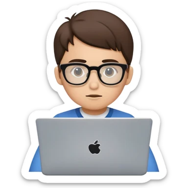 Junior IT Specialist with small laptop, glasses, looking inexperienced, with basic coding skills sticker
