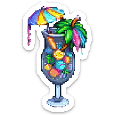 colorful tropical drink with tiny umbrella, pixel art style, Hawaiian party sticker